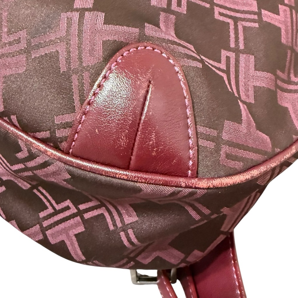 Tumi Burgundy Monogram Nylon Backpack Tote Leather Trim Travel Bag Medium - Picture 8 of 13